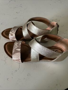 Sofft Metallic Gold Crisscross Sandals with Snakeskin Toe Strap